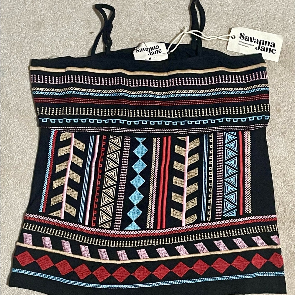 New Savanna Jane Black and Multicolor Geometric Camisole